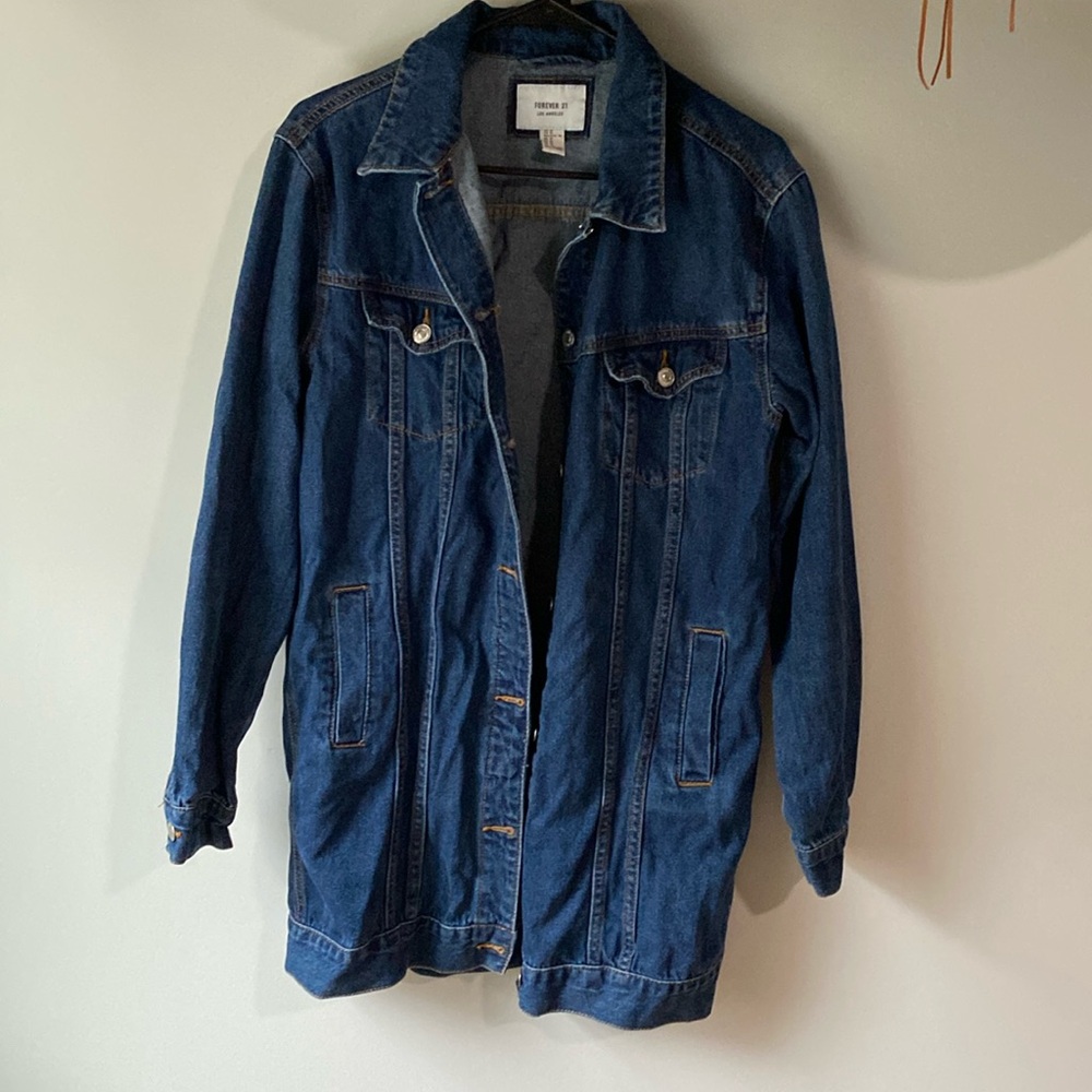Dark wash long denim jacket